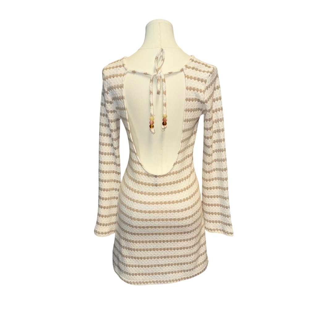 Cream Taupe Knit Open Back Beaded Tie Long Sleeve Mini Dress S